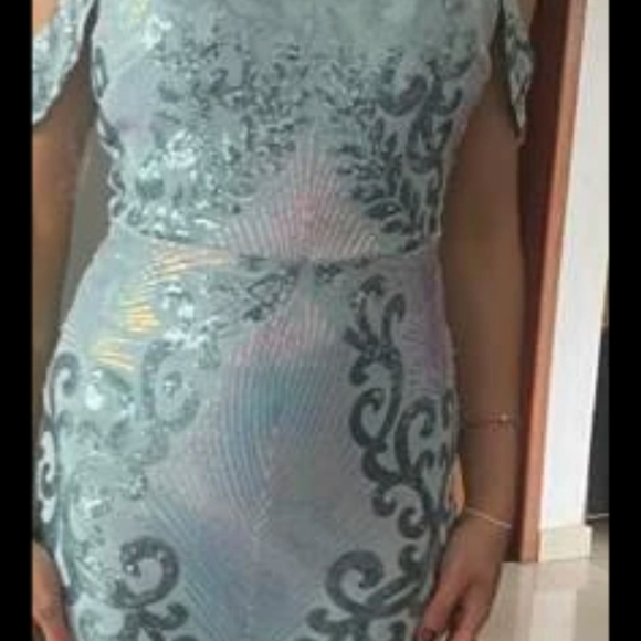 BABY BLUE HALTER STYLE, SLEEVELESS BAROQUE MERMAID MAXI DRESS - Picture 15 of 16